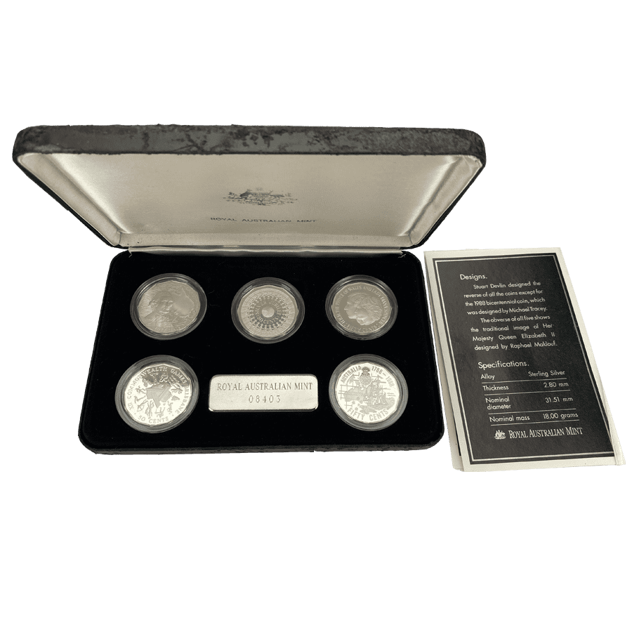Picture of 1989 Australian Sterling Silver Masterpieces '70 '77 '81 '82 & '88 Proof Coin Set in Presentation Box