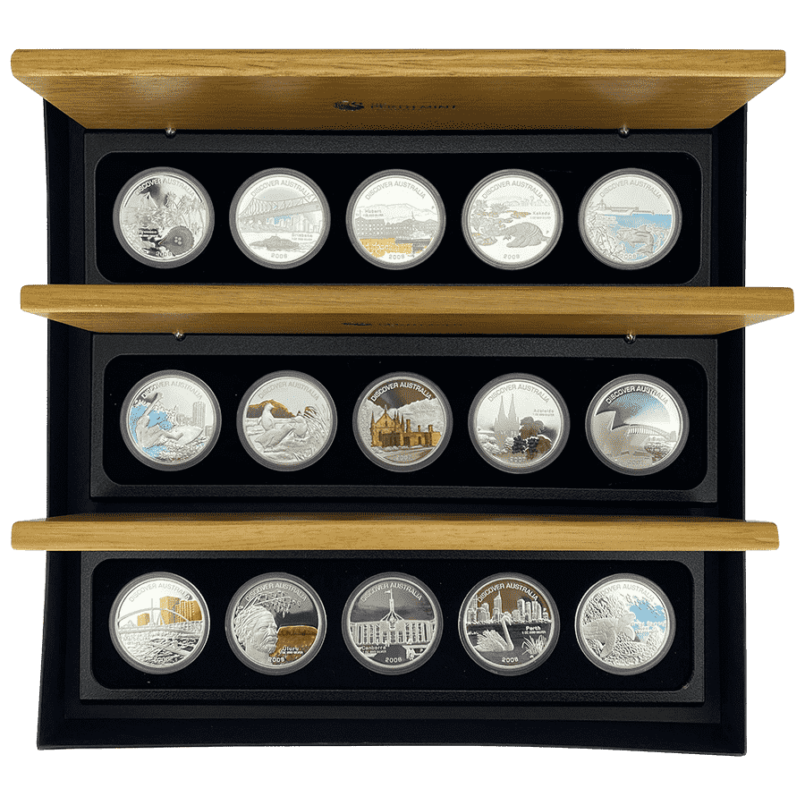 Picture of 2006-2008 Australia 1oz Silver Discover Landmarks 15 Proof Coin Set in Wooden Box