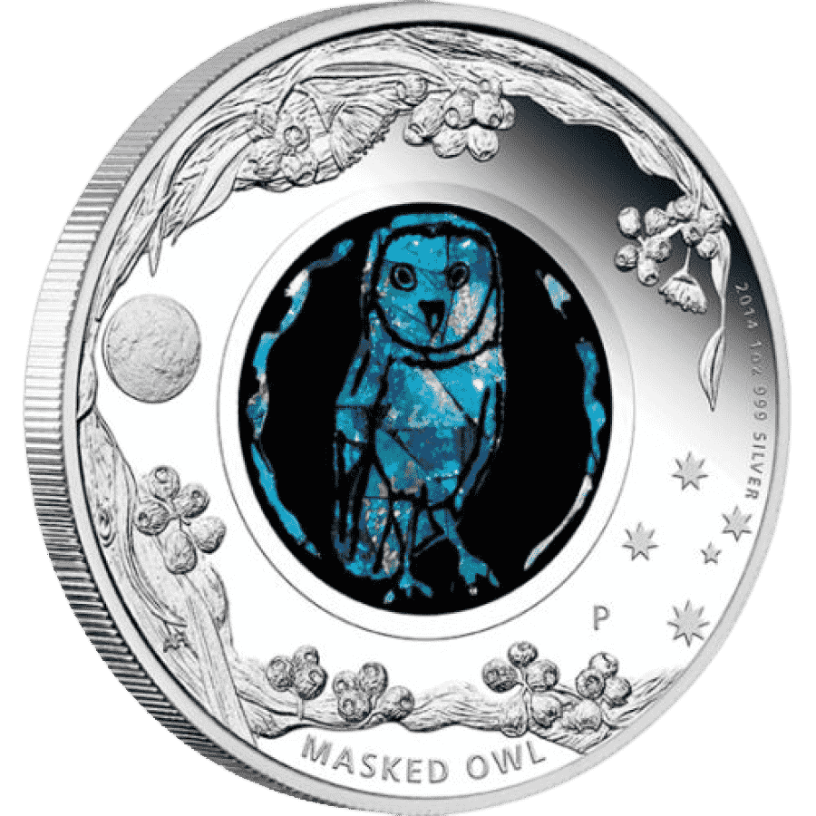 Picture of 2014 Australian 1oz Silver Opal Series Masked Owl Proof Coin in Presentation Box