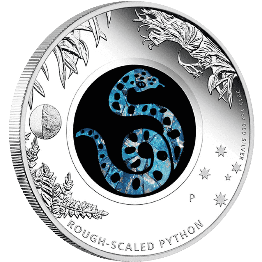 Picture of 2015 Australian 1oz Silver Opal Series Rough-scaled Python Proof Coin in Presentation Box