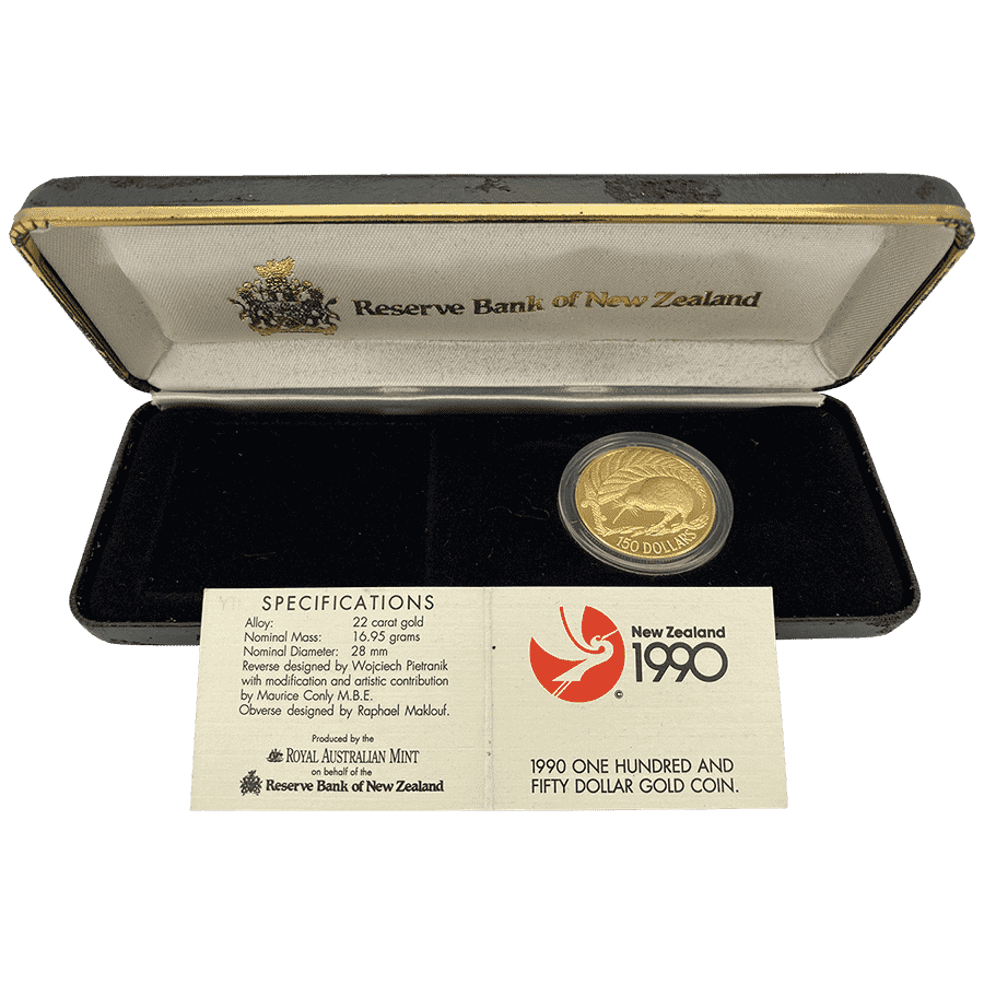 Picture of 1990 New Zealand 16.95g Gold $150 Kiwi Proof Coin in Presentation Box