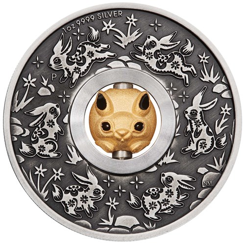 Picture of 2023 1oz Year of the Rabbit Rotating Charm Silver Antiqued Coin in Presentation Box