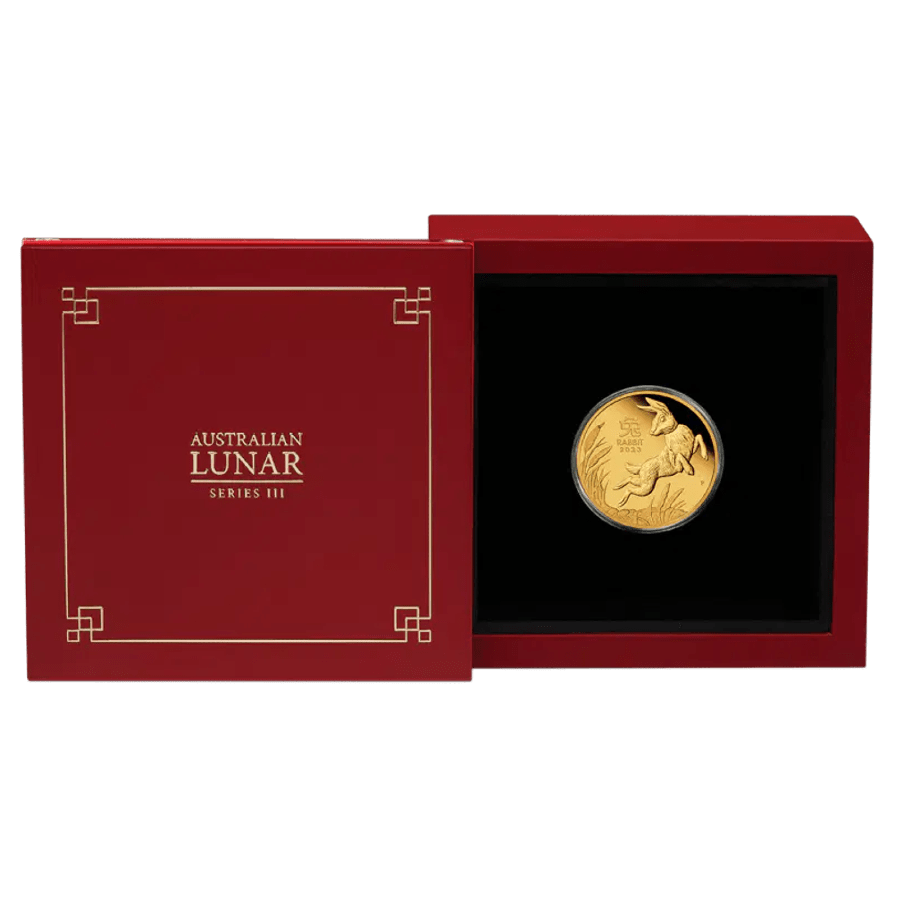 Picture of 2023 1oz Lunar Series III Year Of The Rabbit Proof Gold Coin in presentation box