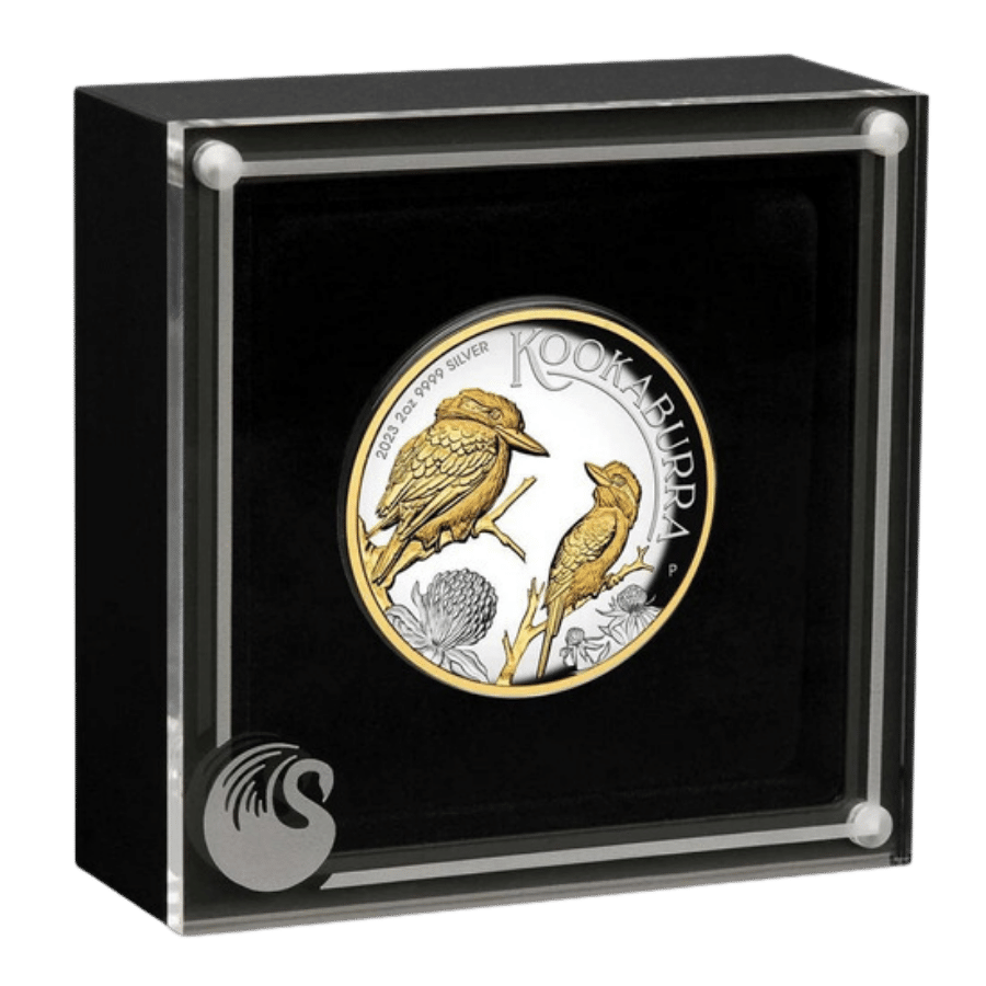 Picture of 2023 2oz Kookaburra Proof High Relief Gilded Silver Coin in presentation box