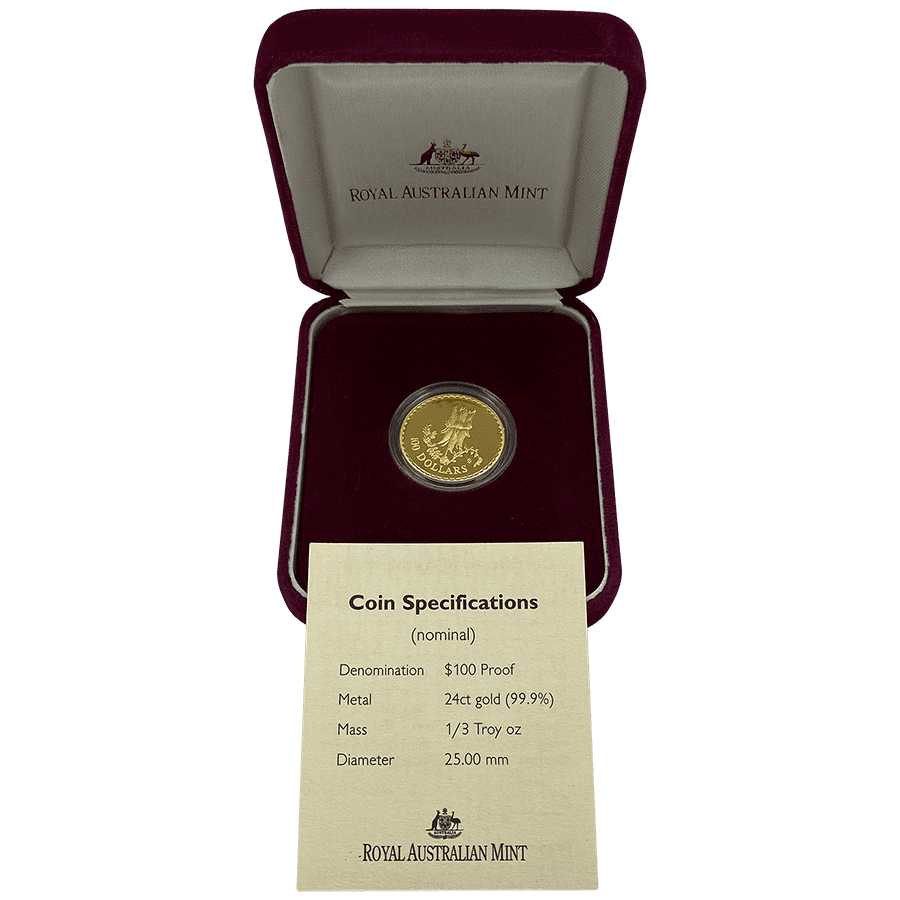 Picture of 1998 1/3oz $100 Floral Emblems of Australia Sturts Desert Pea Gold Proof Coin in Presentation Box