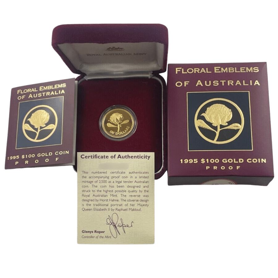 Picture of 1995 1/3oz $100 Floral Emblems of Australia The Waratah Gold Proof Coin in Presentation Box