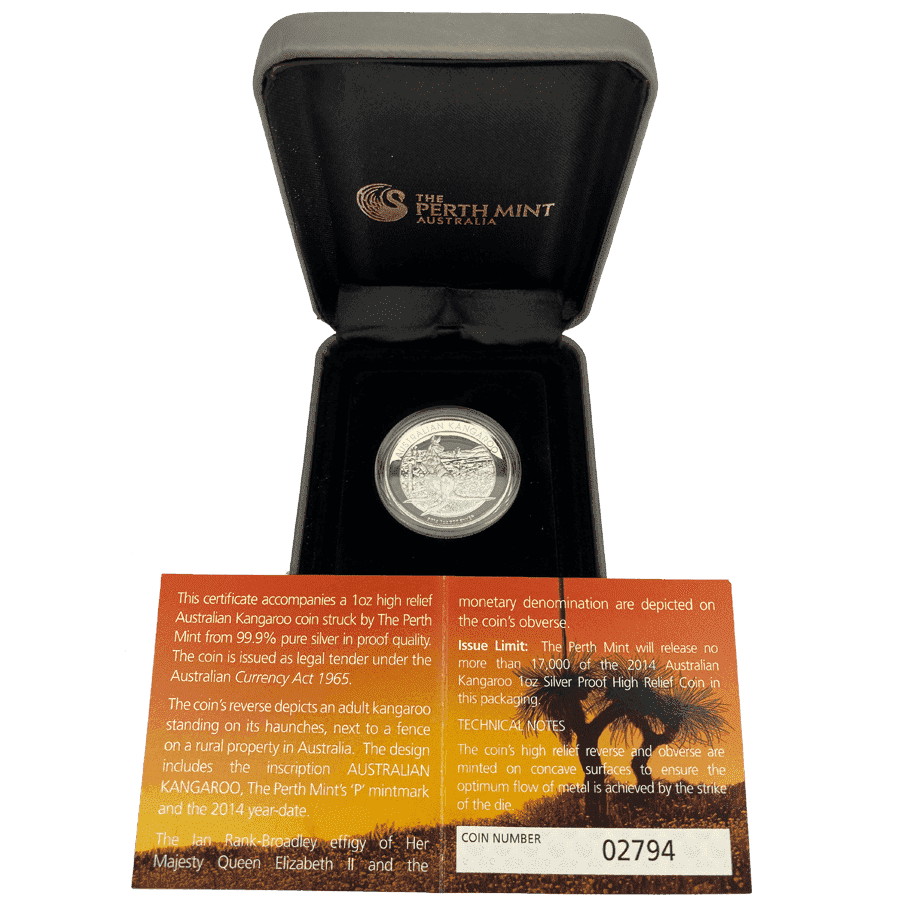 Picture of 2014 Australian 1oz Silver Kangaroo High Relief Proof Coin in Presentation Box