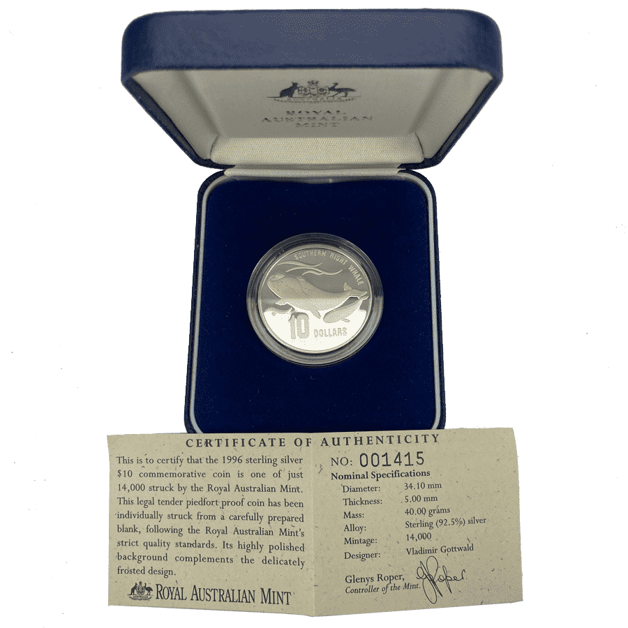 Picture of 1996 Australian 40g Silver Australias Endangered Species The Southern Right Whale Piedfort Proof Coin in Presentation Box