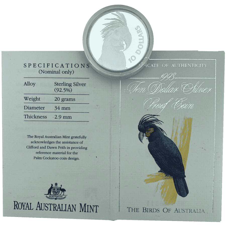 Picture of 1993 $10 Birds of Australia - Palm Cockatoo Silver Proof Coin in Presentation Box