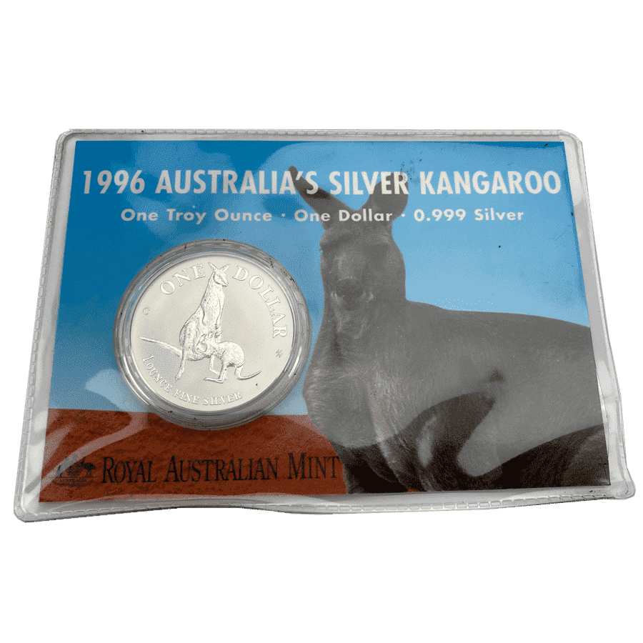 Picture of 1996 Australian 1oz Silver $1 Kangaroo Uncirculated Coin in Presentation Sleeve